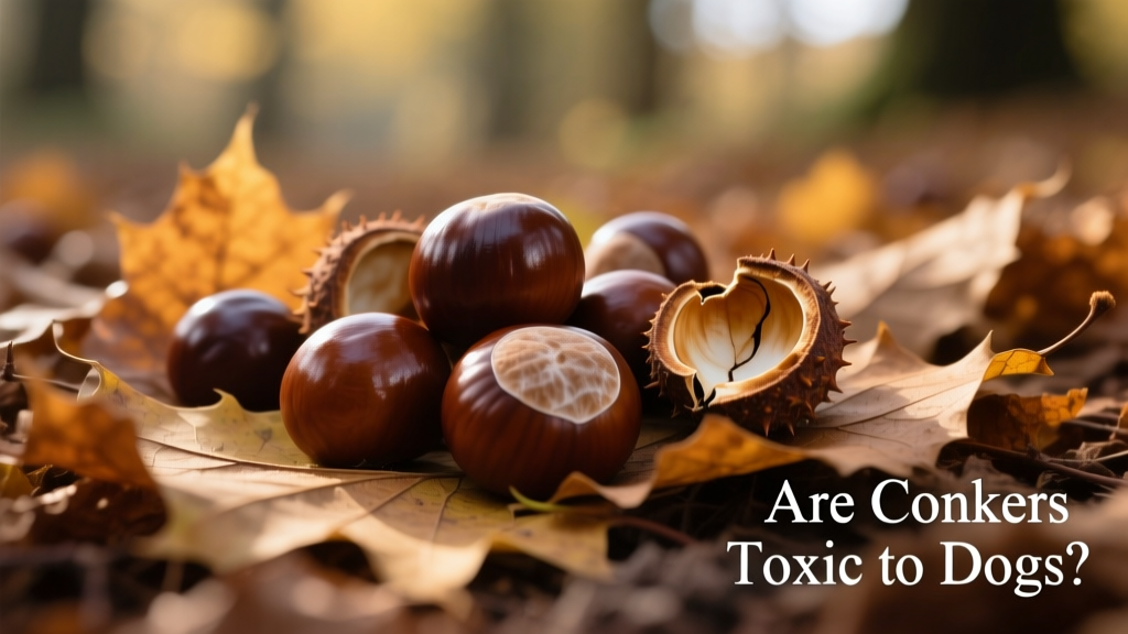 Close-up of glossy brown conkers scattered on fallen autumn leaves