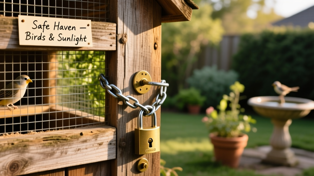 Close-up of a sturdy aviary door with a heavy-duty padlock and reinforced wire mesh