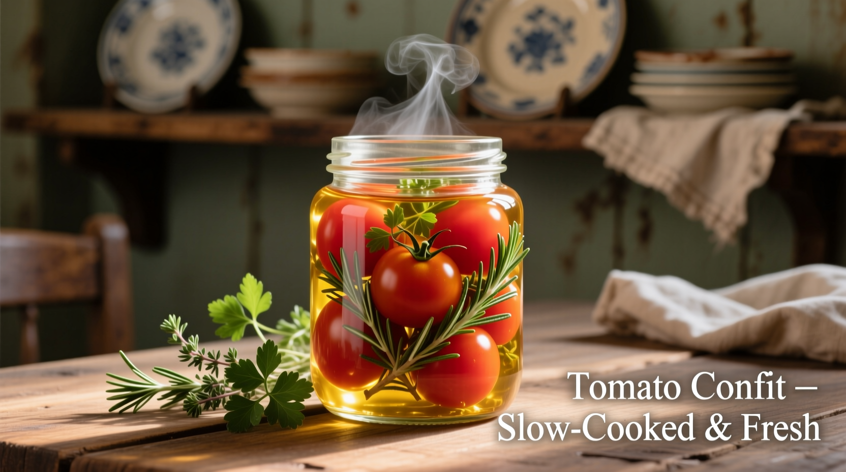 Fresh tomato confit in glass jar with herbs