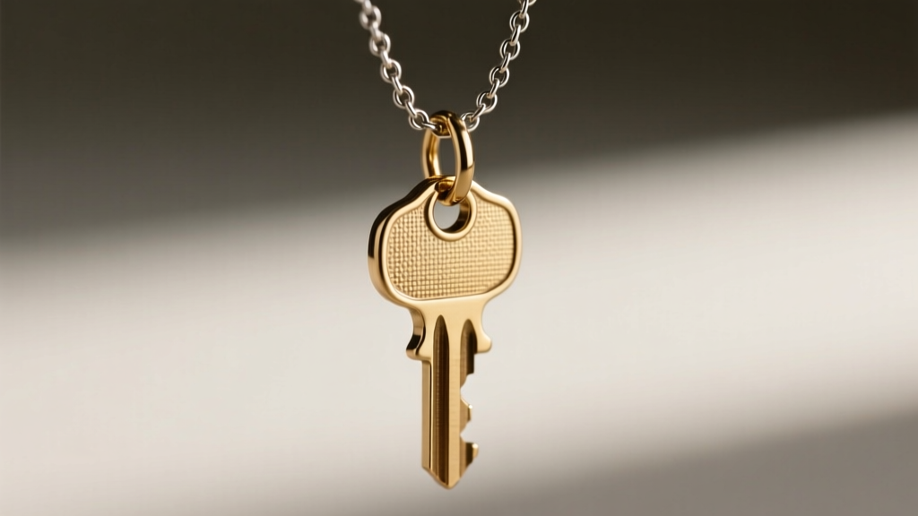 Heavy brass key pendant attached to a 2mm steel rolo chain, highlighting the secure soldered jump ring connection in macro detail