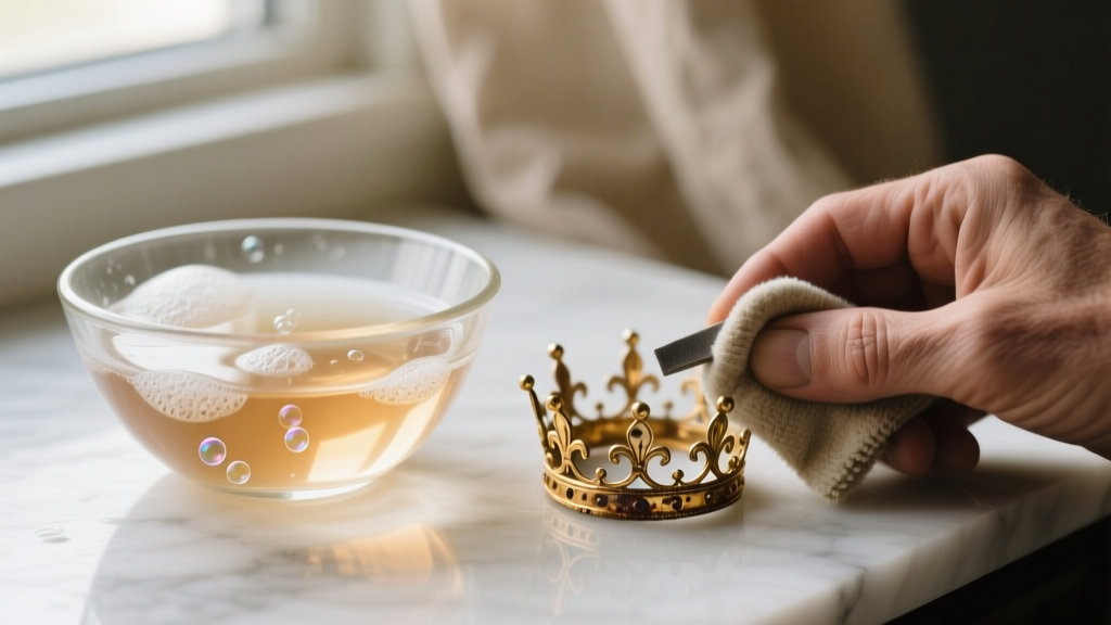 Glass bowl with warm soapy water and a microfiber cloth next to a tarnished gold-tone crown pendant being gently polished by hand.