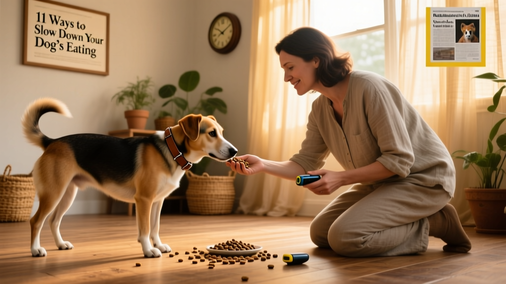 Owner rewarding dog with kibble during a calm, focused training session