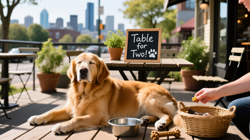 Golden retriever relaxing on the sunny outdoor patio of a dog-friendly Seattle restaurant