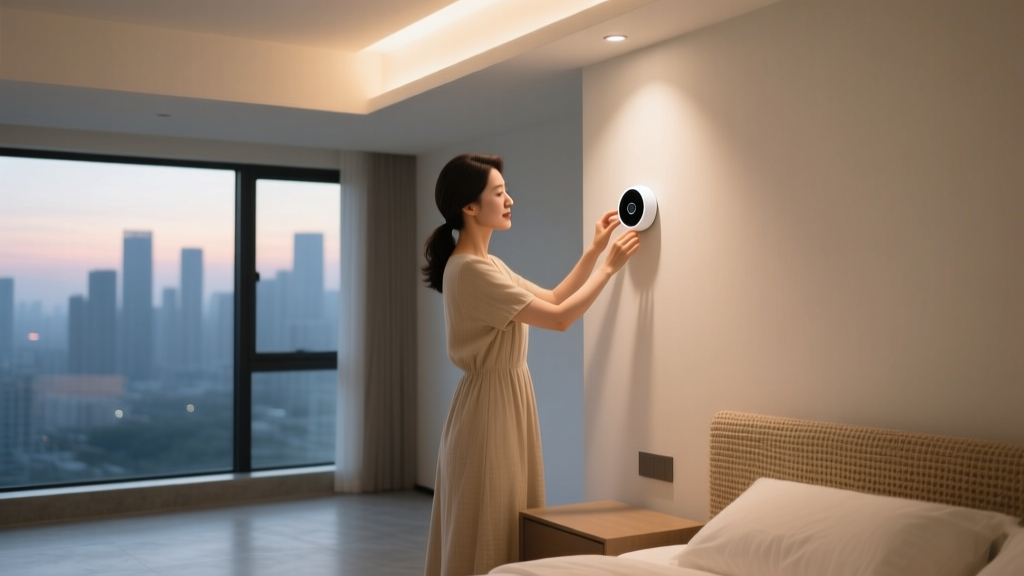 Woman adjusting a sleek white Aqara presence sensor mounted on a modern bedroom ceiling corner illuminated by soft ambient lighting