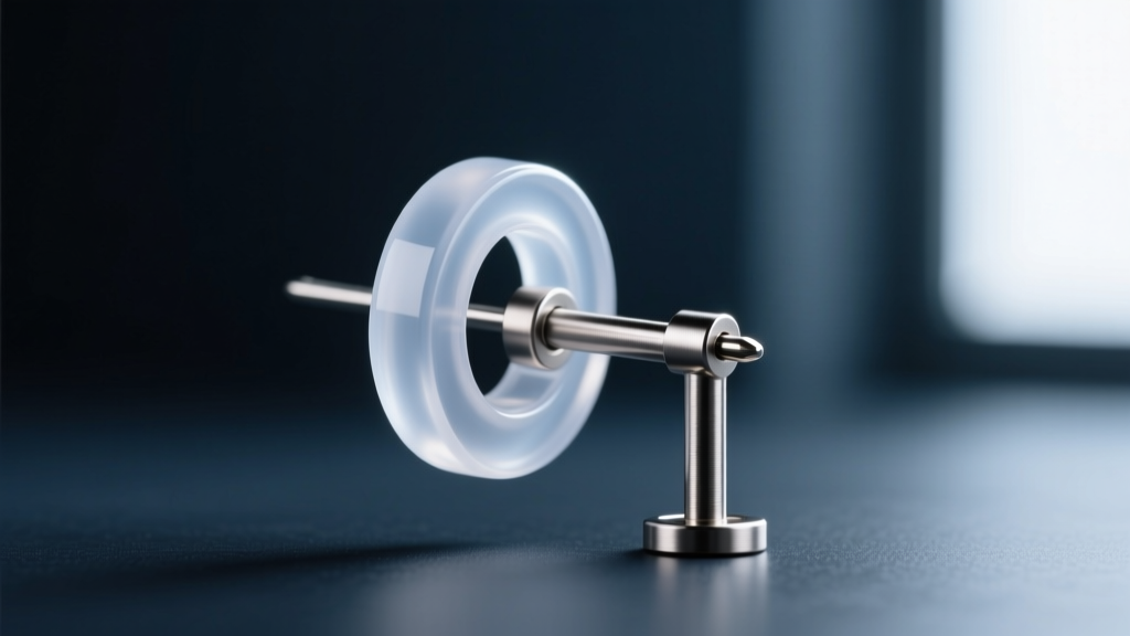 Macro photography of a clear silicone earring washer sliding onto an 18-gauge titanium stud post against a dark slate background