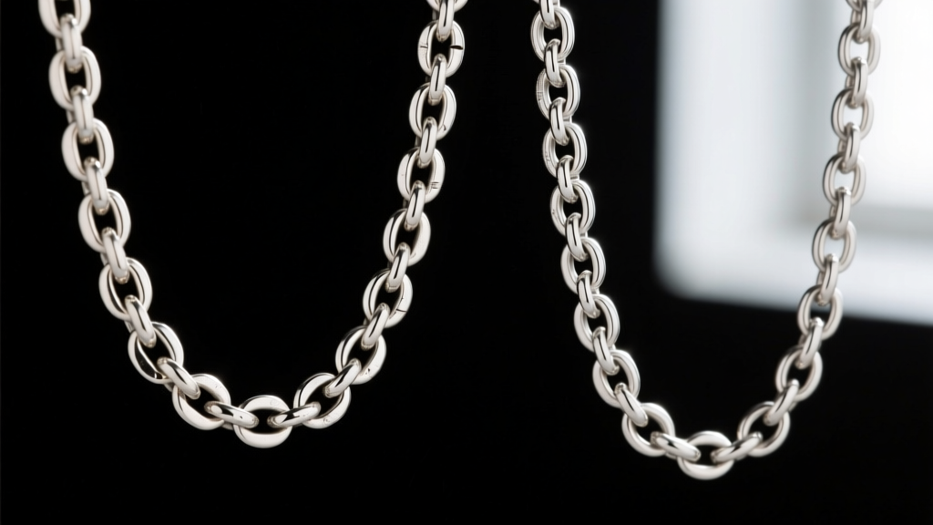 Macro shot comparing a sterling silver rolo chain and an Argentium figaro chain, highlighting link thickness and metal color