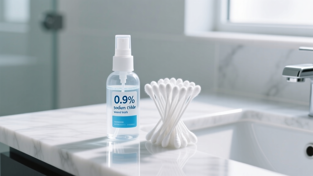 Sterile 0.9 percent sodium chloride wound wash spray bottle next to clean cotton swabs on a white marble bathroom counter.