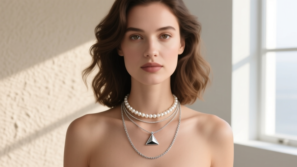 Woman wearing a layered necklace stack with a small silver pyramid pendant, a delicate pearl choker, and a long minimalist chain.