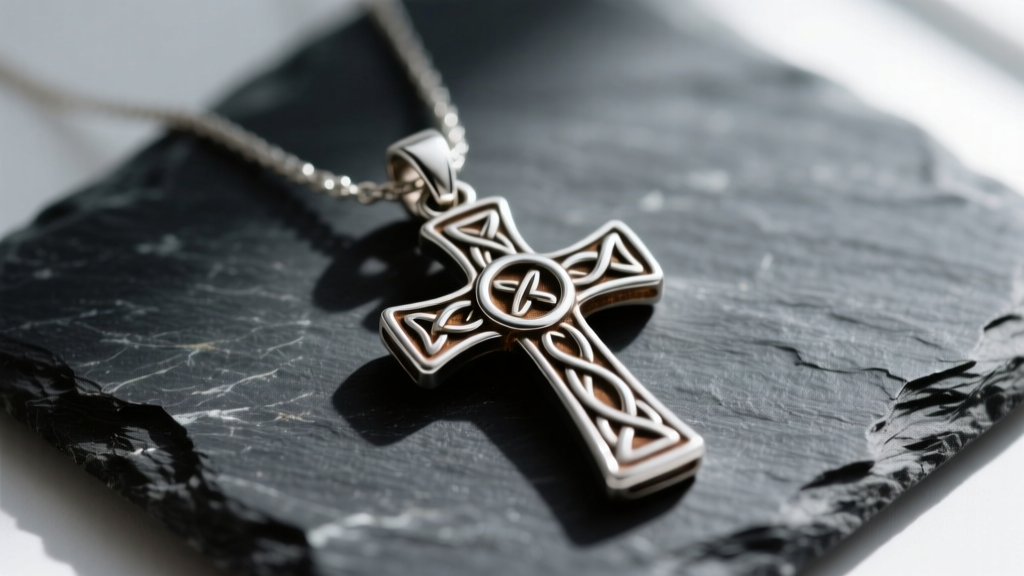 Close-up of a vintage James Avery sterling silver Celtic cross pendant on dark slate, highlighting oxidized detailing and hallmark.
