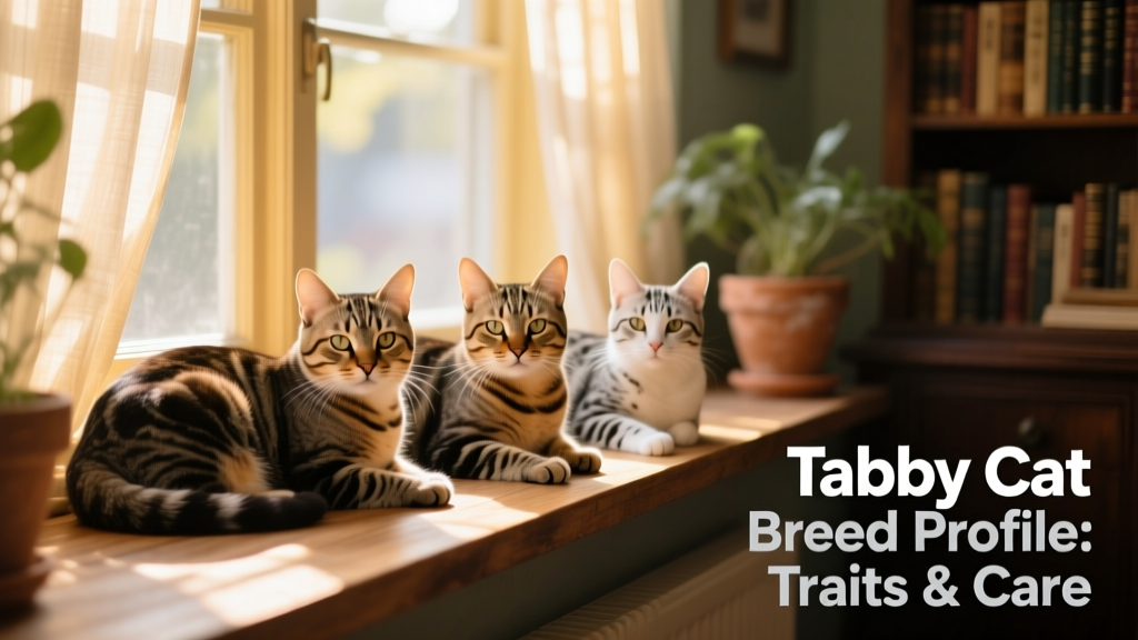 Three tabby cats of different colors and patterns resting together on a sunlit windowsill