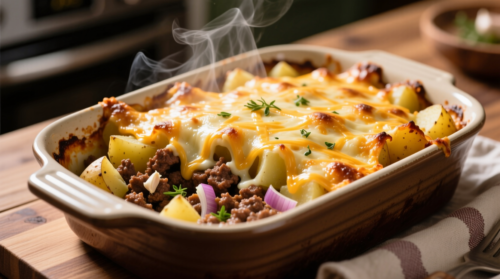 Golden brown ground beef potato casserole with melted cheese topping