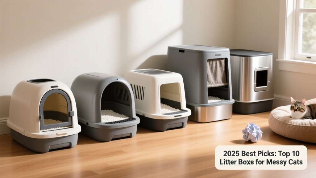 Side-by-side comparison of five enclosed litter boxes with different entry styles and heights