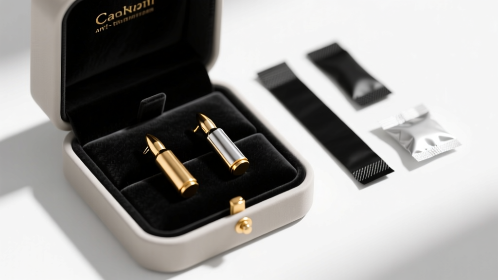 Top-down view of a jewelry box holding brass and steel bullet earrings, placed next to black anti-tarnish strips and silica gel