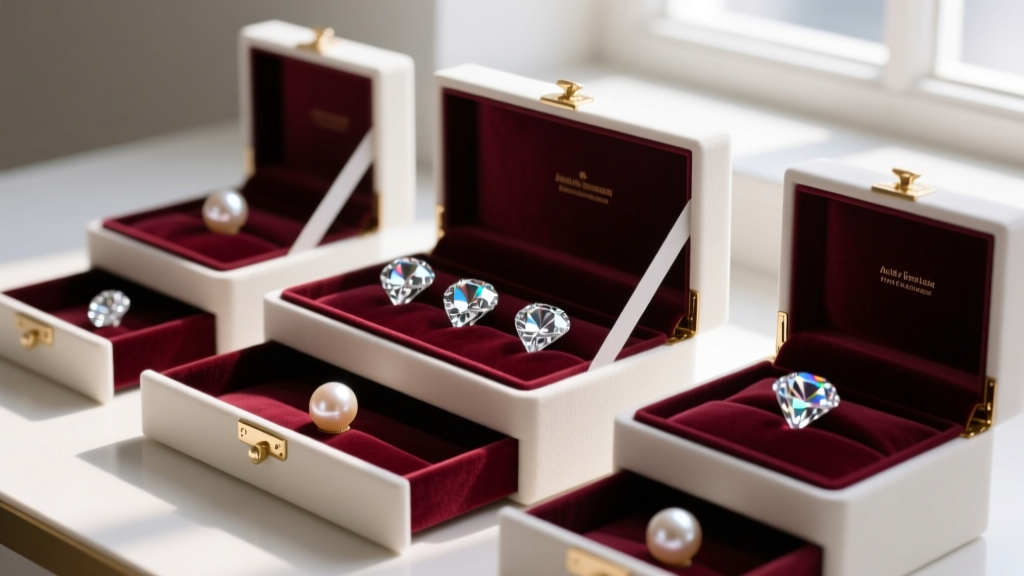 Diamonds and pearls separated by anti-tarnish strips inside velvet drawers of a luxury jewelry box lit by soft natural daylight