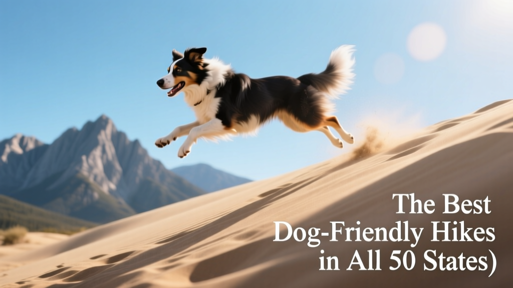A border collie mid-leap on a sandy dune slope with distant mountain peaks visible under a bright blue sky