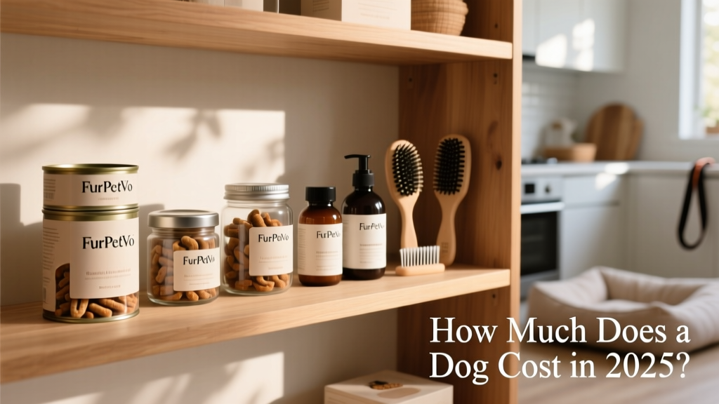 A neatly organized shelf with labeled dog food, treats, supplements, and grooming supplies from FurPetVo