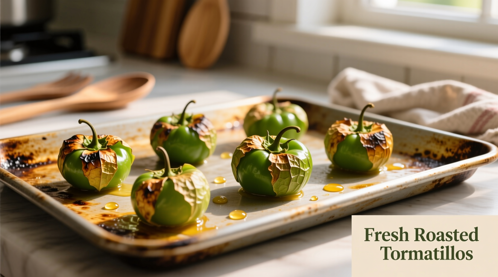 Fresh tomatillos roasting on baking sheet