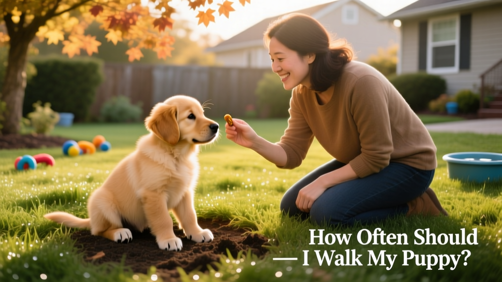 A small puppy squatting on grass in a backyard, with owner kneeling nearby holding a treat
