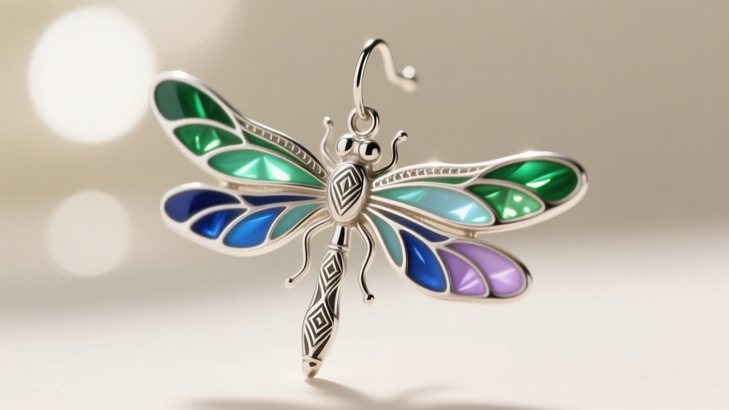 Macro shot of a silver Art Nouveau dragonfly earring with delicate plique-à-jour enamel wings catching soft natural light.