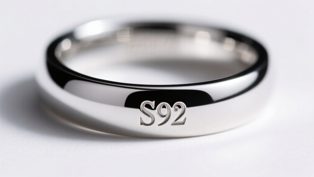 Macro photo of an S925 hallmark stamped inside a polished sterling silver ring band under soft, directional studio lighting