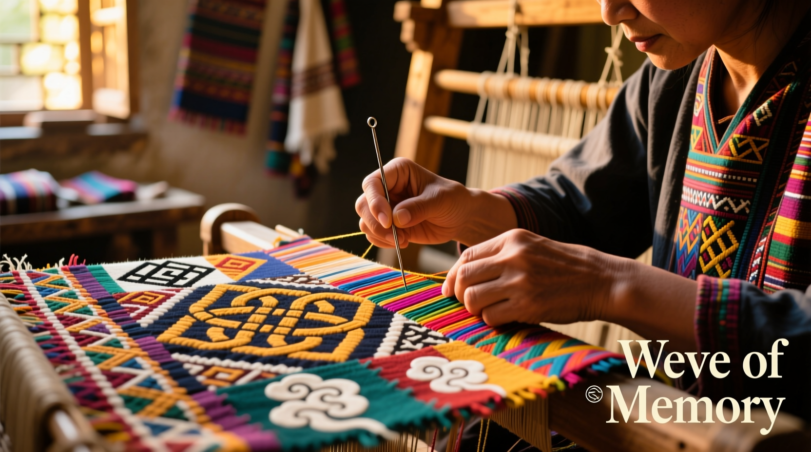 Textile artist weaving fabric scraps with cultural patterns