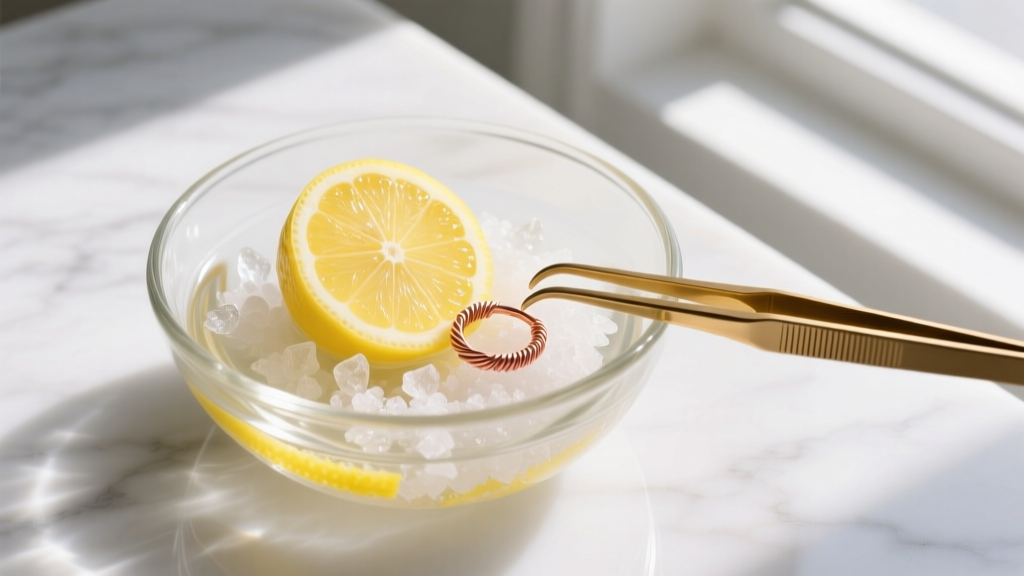 Overhead view of a glass bowl with lemon and salt polishing bath, and brass tweezers holding a small copper wire-wrapped ring.