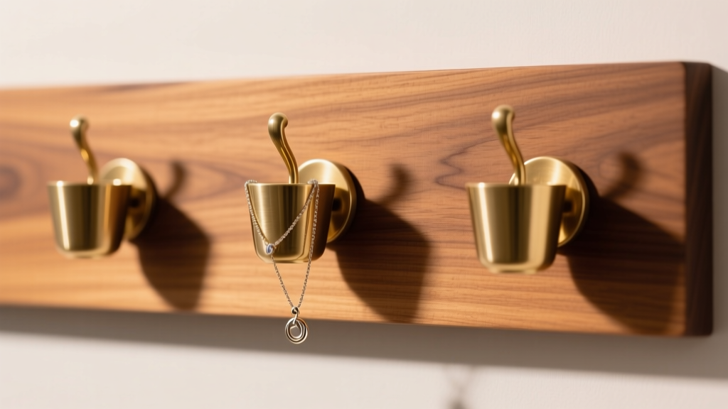Brass cup hooks on sealed maple holding necklace clasps with precise three-inch lateral spacing in bright, even studio light.