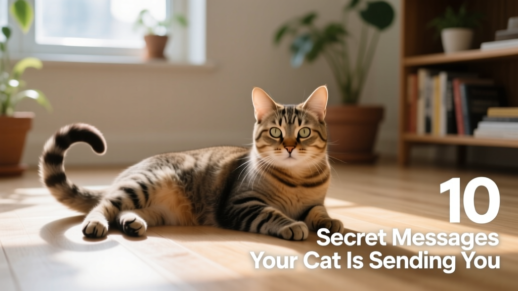 A relaxed indoor cat sitting peacefully with tail gently curved in a question mark shape, looking toward the camera
