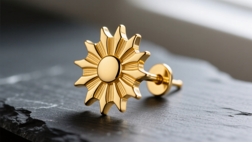 Macro shot of a heavy 14k yellow gold sunburst earring on dark slate, showing intricate radiating rays and a thick 18-gauge post.