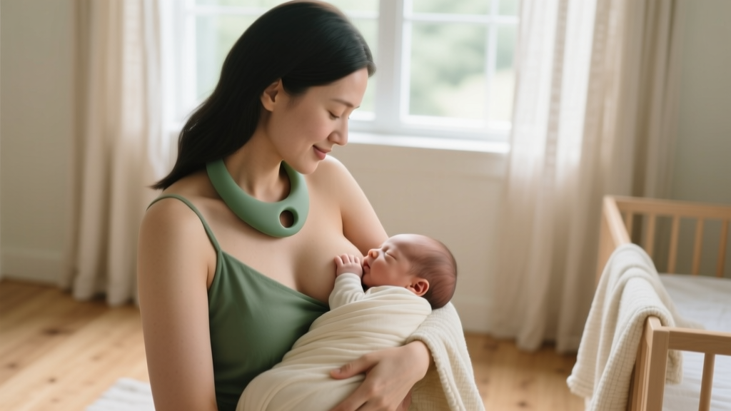 Mother wearing a chunky, matte sage-green silicone nursing necklace while breastfeeding a newborn in a softly lit, cozy nursery room.