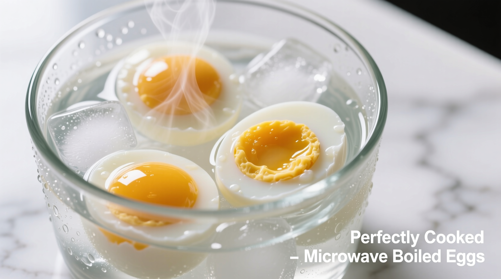 Perfectly cooked microwave boiled eggs in ice bath