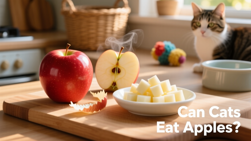Step-by-step visual: washed apple, peeled apple, and small diced pieces in a shallow dish