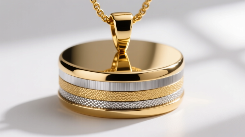 Cross-section style photo of a gold-plated zinc alloy pendant highlighting the microscopic nickel strike layer and topcoat finish.