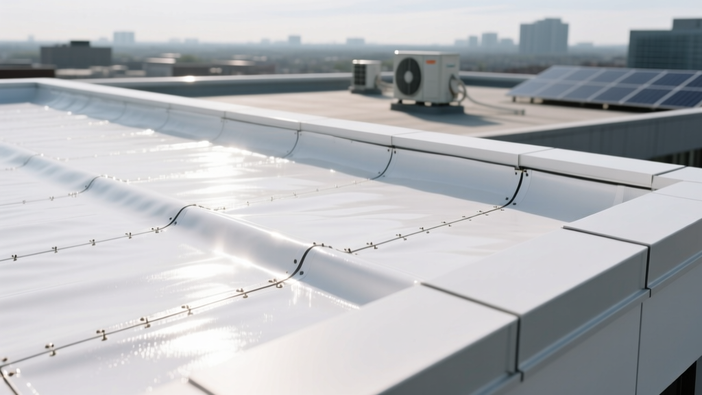 Close-up of a bright white 60-mil TPO roof membrane with heat-welded seams reflecting sunlight on a commercial flat roof parapet