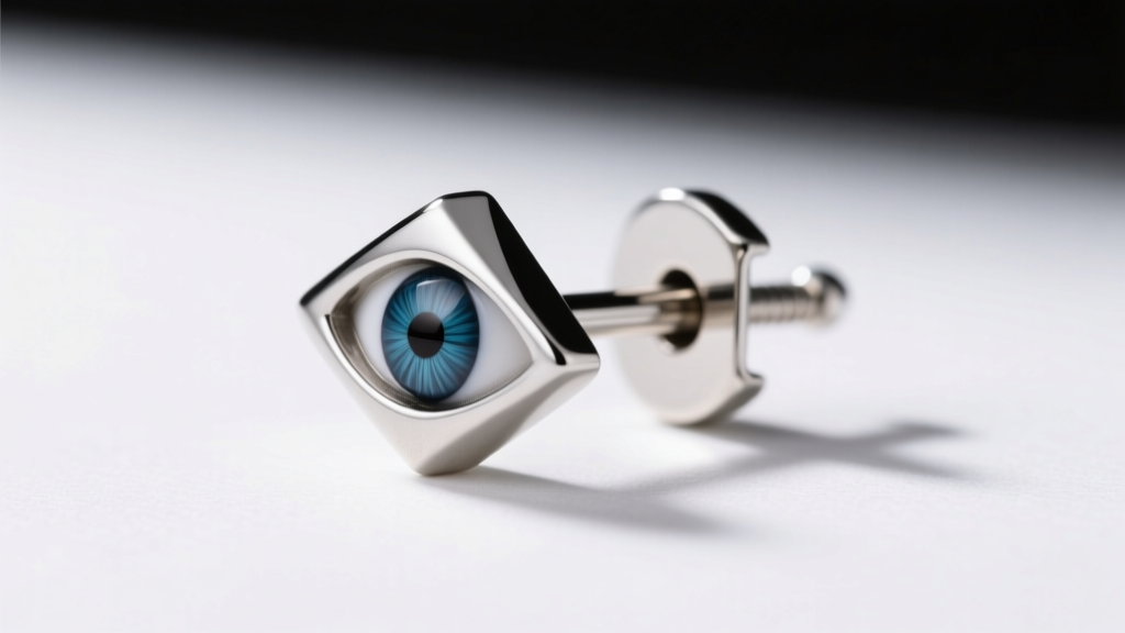 Silver Sheikah eye stud earring showing a 20G post, anti-tarnish coating, and a secure silicone friction clutch earring backing.