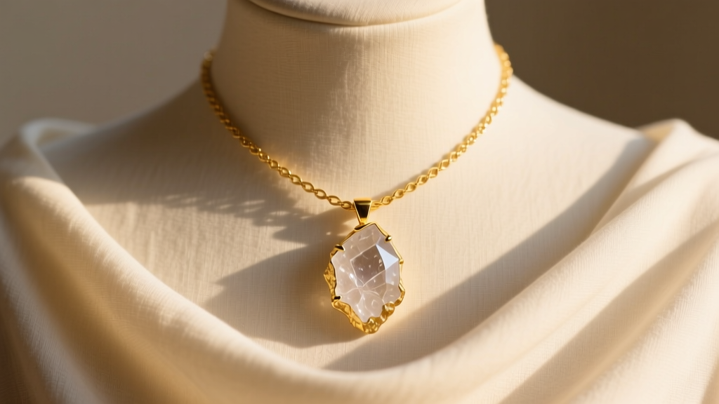 Textured 22k gold vermeil necklace with raw rutile quartz pendant resting on a linen draped bust in warm natural sunlight.