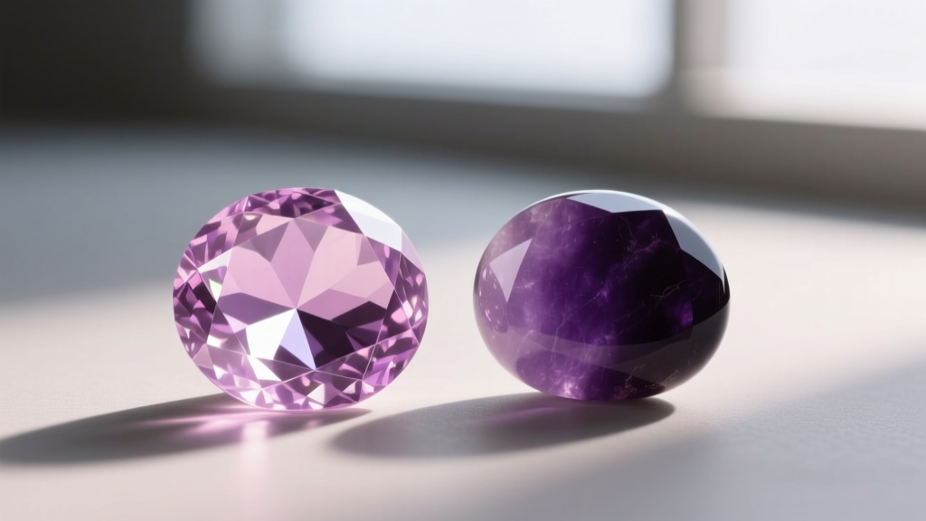 Macro view of a translucent faceted kunzite gemstone beside a polished opaque sugilite cabochon showing distinct purple-pink hues