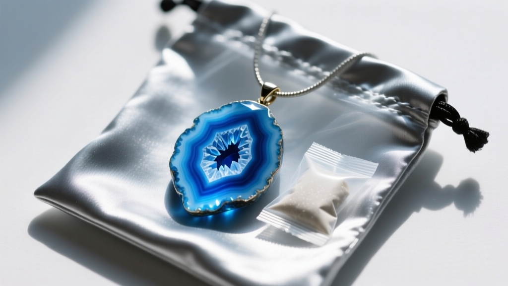 Blue dyed agate geode pendant in an anti-tarnish pouch with a silica gel packet, captured from a top-down perspective.