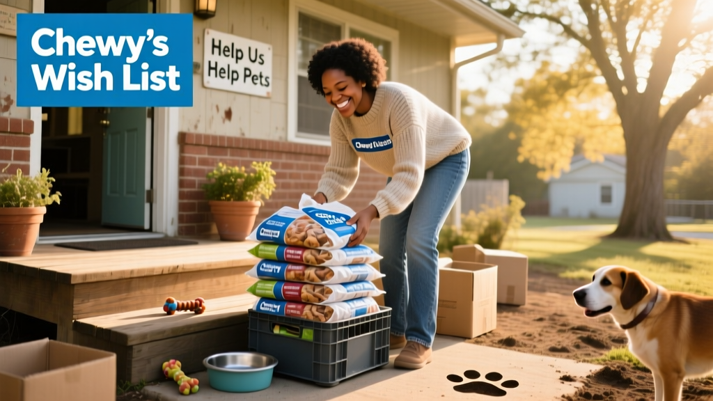 A joyful volunteer unpacking pet food and supplies delivered to a shelter doorstep