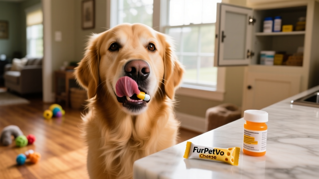 A happy dog licking its lips after successfully taking a pill hidden in a FurPetVo cheese treat