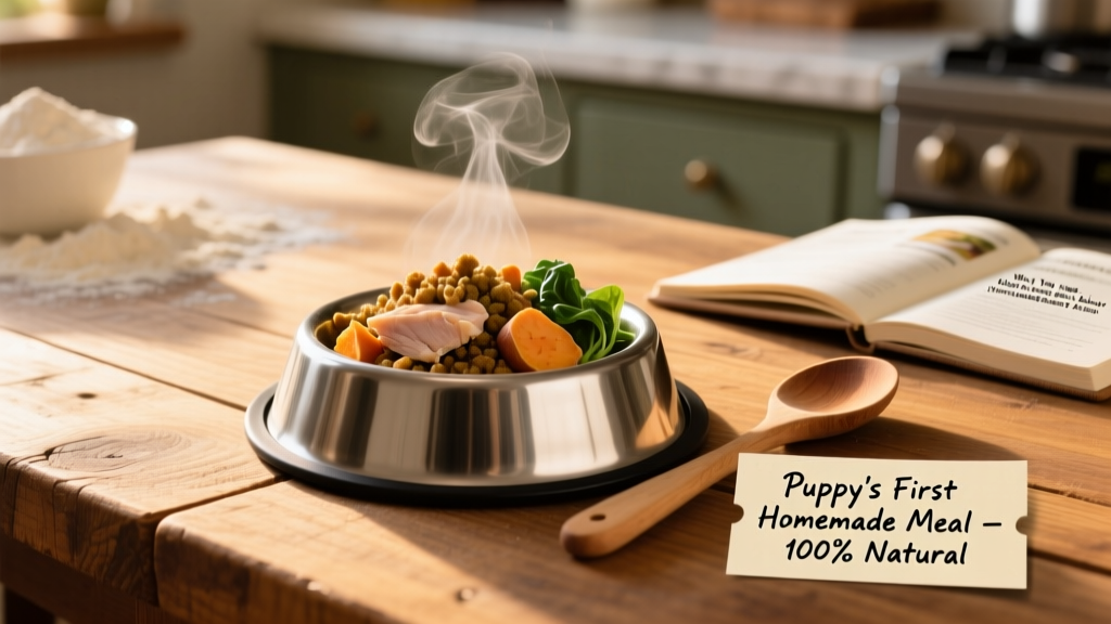 Metal dog bowl filled with homemade puppy food on a wooden surface