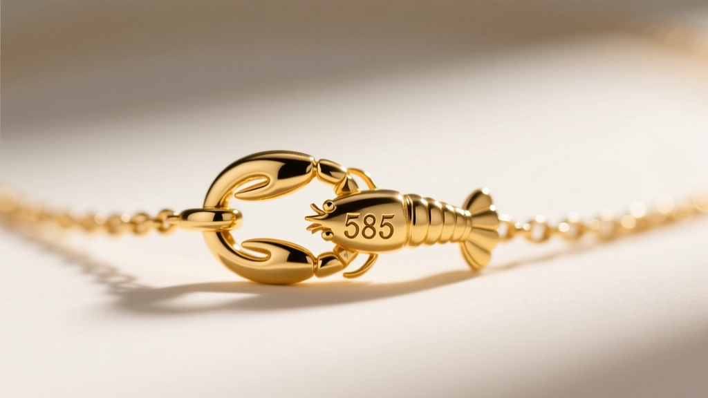 Extreme close-up of a tiny 585 hallmark stamped on a gold necklace lobster clasp, illuminated by a bright jeweler