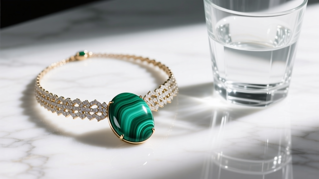 Close-up of an Alhambra necklace with a green malachite stone on white marble next to a water glass, under soft natural lighting