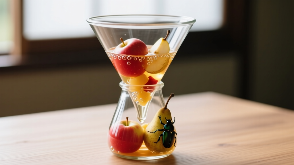 Close-up view of a DIY Japanese beetle trap showing the inverted bottle funnel and fermenting fruit bait inside