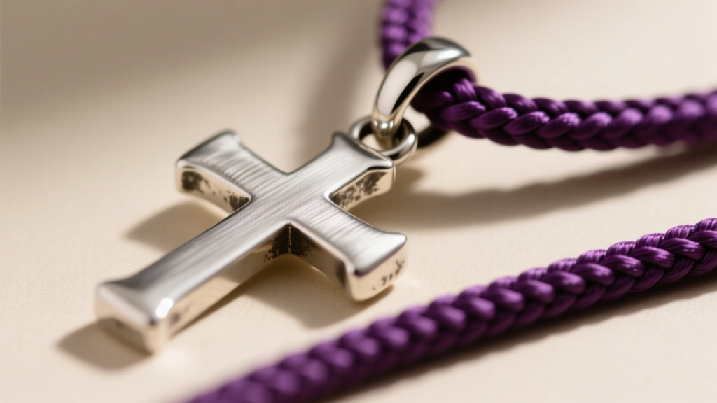 Macro shot of a sterling silver pectoral cross bail showing a heavy jump ring attached to a braided purple silk suspension cord.
