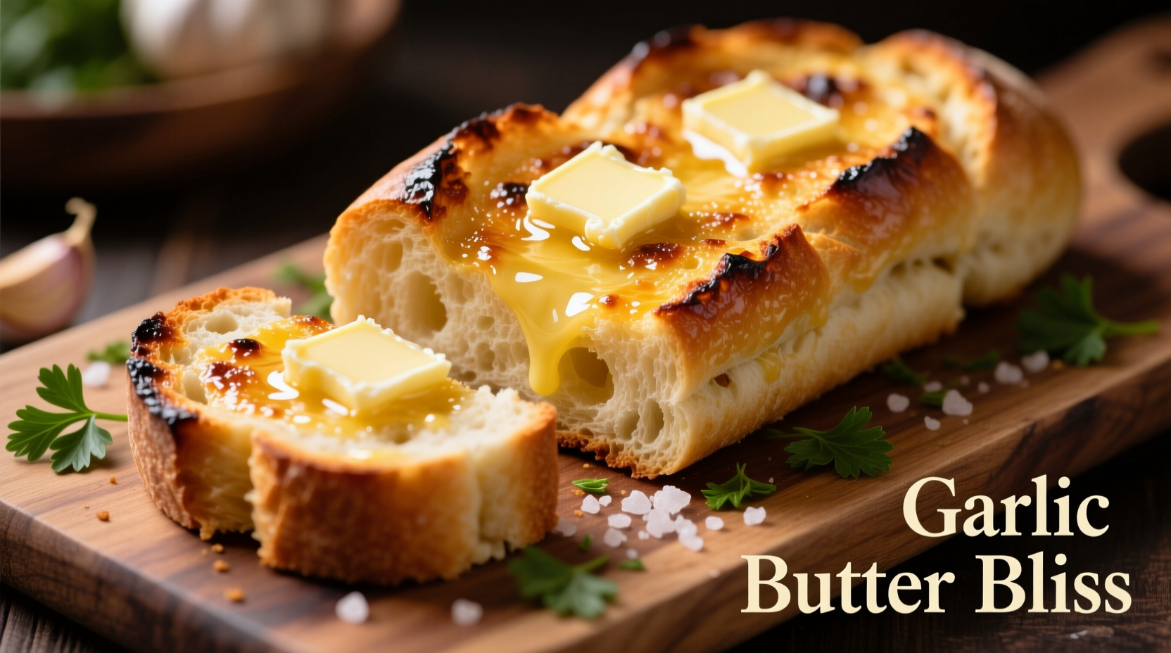 Golden roasted garlic bread with melted butter