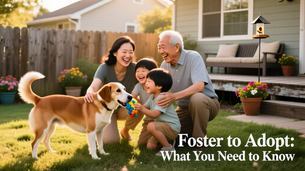 A smiling family playing with a gentle, medium-sized mixed-breed dog in their backyard