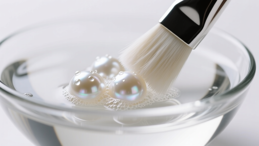 Soft brush cleaning white Akoya pearls in a shallow glass bowl of soapy water, crisp macro photography with soft studio lighting.