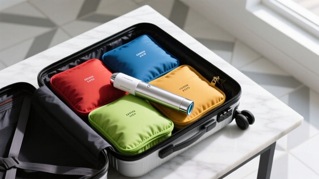 Overhead view of open hard-shell carry-on luggage revealing color-coded compression packing cubes and a UV-C portable sanitizer wand.