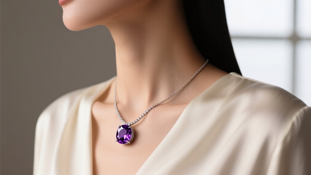 Side profile of a bezel-set purple sapphire solitaire necklace worn with a silk blouse, highlighting the deep violet gemstone hue